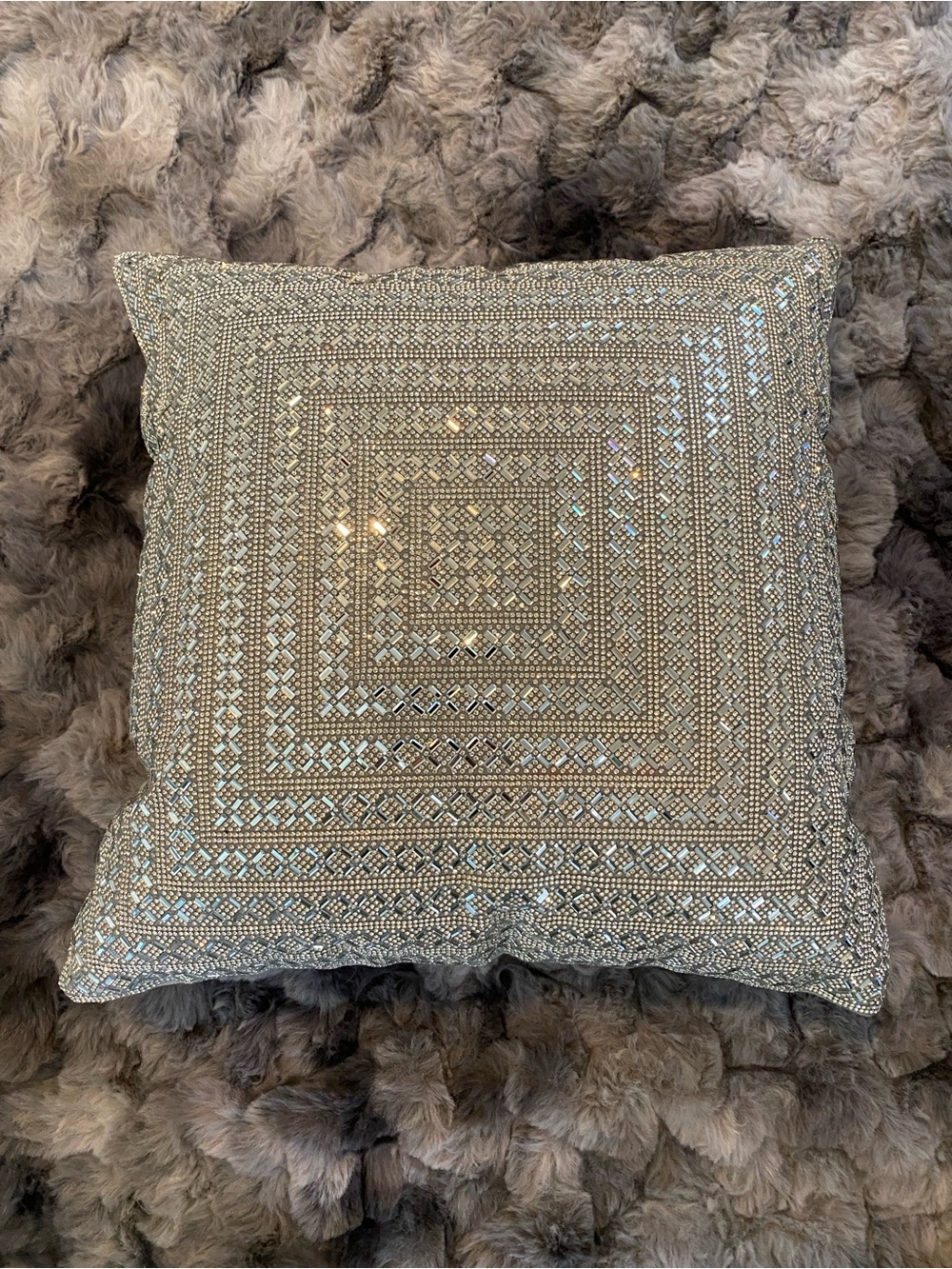 Embellished Rhinestones Square Throw Pillow - Silver & Gray